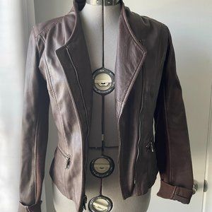 Felix Brown Leather Moto Jacket with Knit Panels